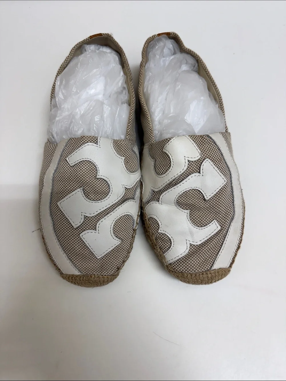 Tory Burch Lonnie Canvas Espadrilles in Beige and White